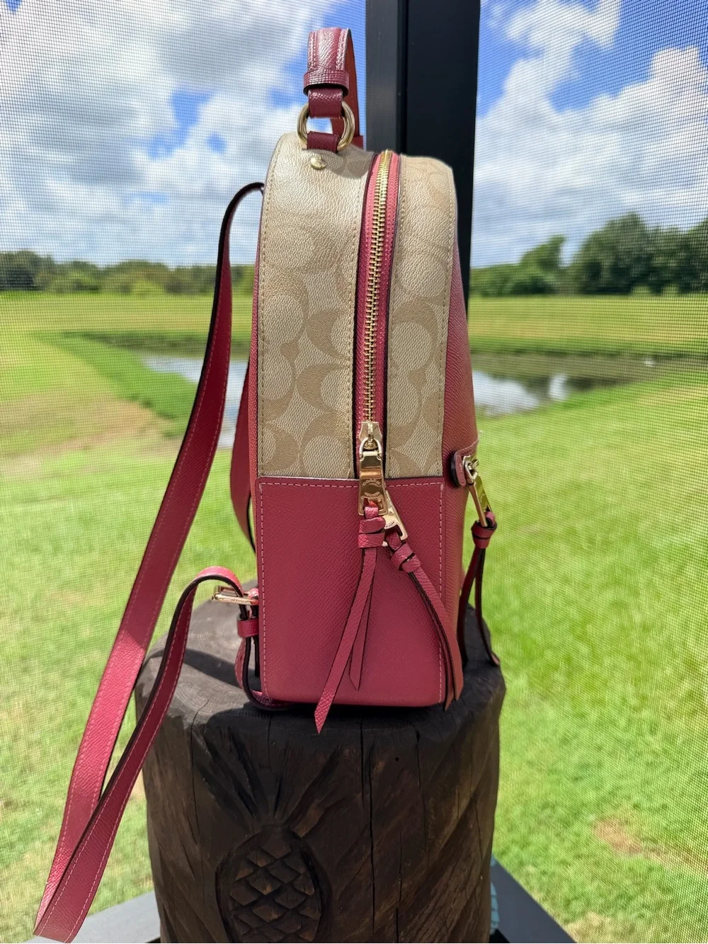 Coach Jordyn Backpack F76622 Rouge Pink Signature Canvas Leather